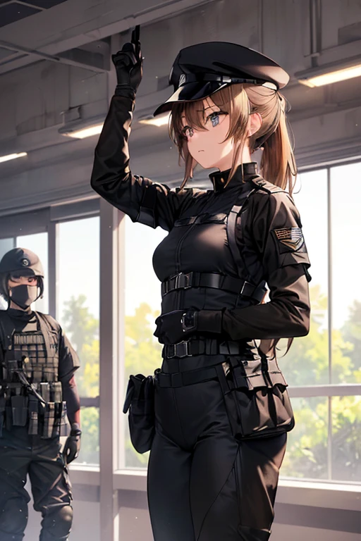 (((masterpiece; Highest quality: 1.2))), (Detailed drawn eyes: 1.3), (2. Women), (alone), (Iris: 1.4), (body; Toned Up, fit, soldier: 1.3), (Silky brown hair + ponytail: 1.3), (Beautiful and vivid background: 1.2), ((Depth of written boundary)), (Device: Special Forces Full Black Tactical Combat Ready Gear + Kevlar Waist + black tactical shirt + Black Tactical Pants + Black gloves + Black baseball cap + Pouch: 1.3), (Anime illustration: 1.2), (Background Composition; military base office: 1.1), (Very nice and beautiful: 1.1), (Shot Composition; Are standing + 胴bodyを中心に + close: 1.5), (Performance; Calm, stoic: 1.2)