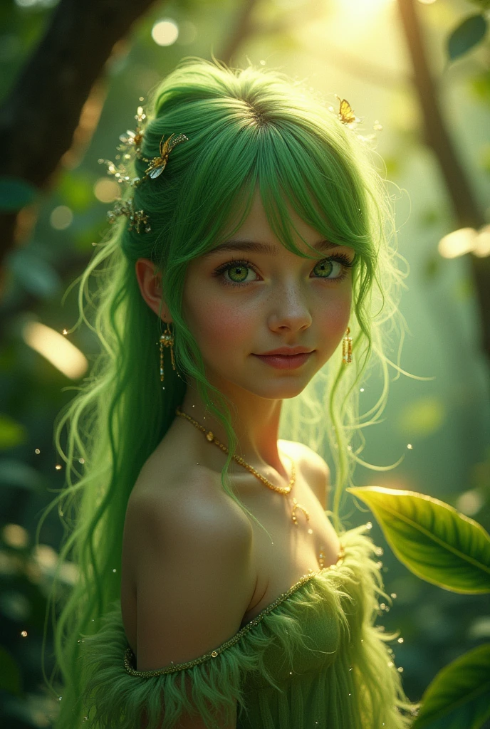 A young green-haired girl adorned in delicate jewelry stands in the verdant and luminescent heart of a magical forest. With eyes almost as vibrant as the surrounding leaves, she captures the viewer's gaze as a gentle, luminescent smile lights up her features. Her gown flows gracefully around her, matched by the swaying branches above and the moss beneath her feet. The sunlight filters through the canopy, casting dappled shadows on the girl and glistening on the droplets of dew scattered amongst the leaves. The forest floor seems to come to life with the verdant hues and textures, enhanced by a soft film grain and artful blurring effect. The piece, reminiscent of the work of director Guillermo del Toro, marries the fantastical with the serene, painting a whimsical scene of enchantment and wonder. Light sources from multiple directions illuminate the scene, casting warm golden reflections on the woman's glowing skin and green dress. The image's color grading adds a touch of surrealism, complementing the already enchanting atmosphere and emphasizing the girl's mystical nature.