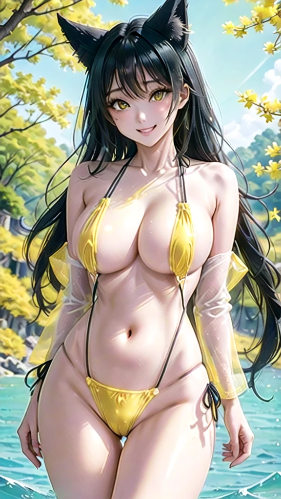 Masterpiece, Ultra HD, 8K Quality, (((Vivid and bright image))), anime, one woman, (((beautiful black fox woman))), (((shining black hair))), (((shining charming eyes))), (((((Yellow colored eyes))))), (((highlight on eyes))), ((Very long eyelashes)), (((Very large breasts))), fox ears, Center Opening Front Zipper Swimsuit, cleavage, (((beautiful standing pose))), looking at viewer, navel, (((cute smiling))), detachable sleeves, huge, water, thighs, ear hair, bare shoulders, front tie top, beach, arm support, narrow, (((see through micro bikini))), barefoot, clavicle, neck ribbon, halter neck, water's edge, background is summer beach
