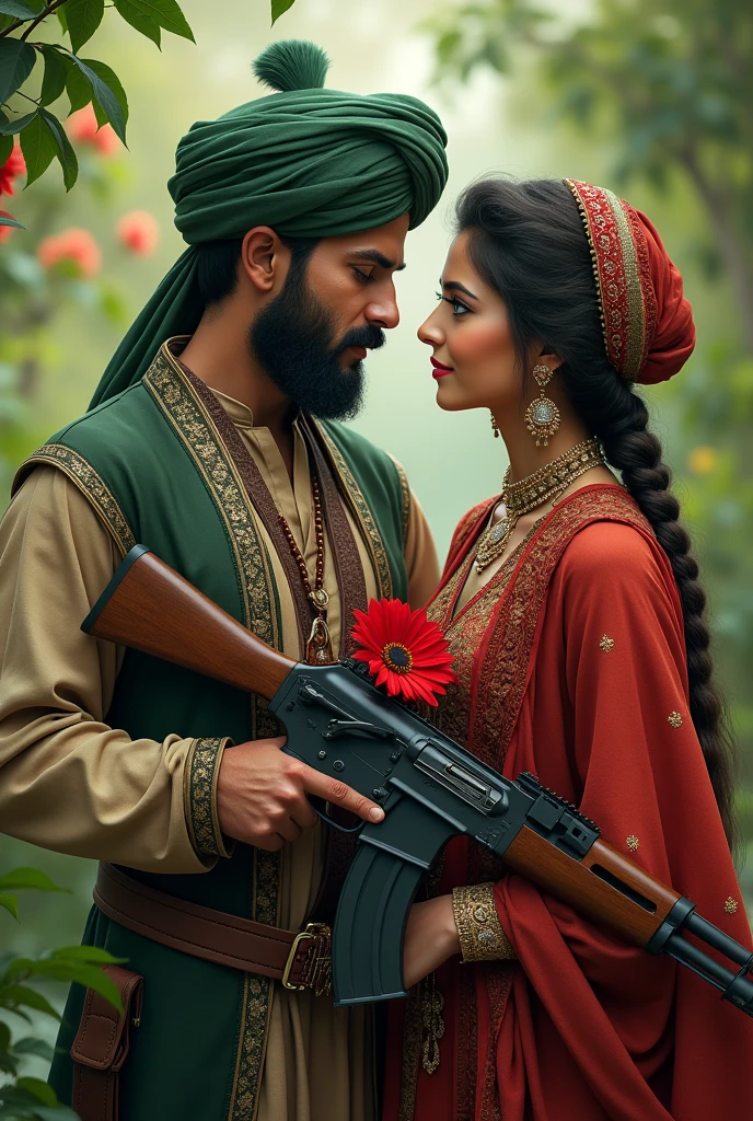 a typical pathan having Ak47 in his hand while wearing pathan's traditional cap pakool standing with his girl friend and the girl friend hold red flower in her hand and both looking beariful green and blue eyes and the girl friend wearing pathan's traditional clothes and the boy have also pathan traditional clothes