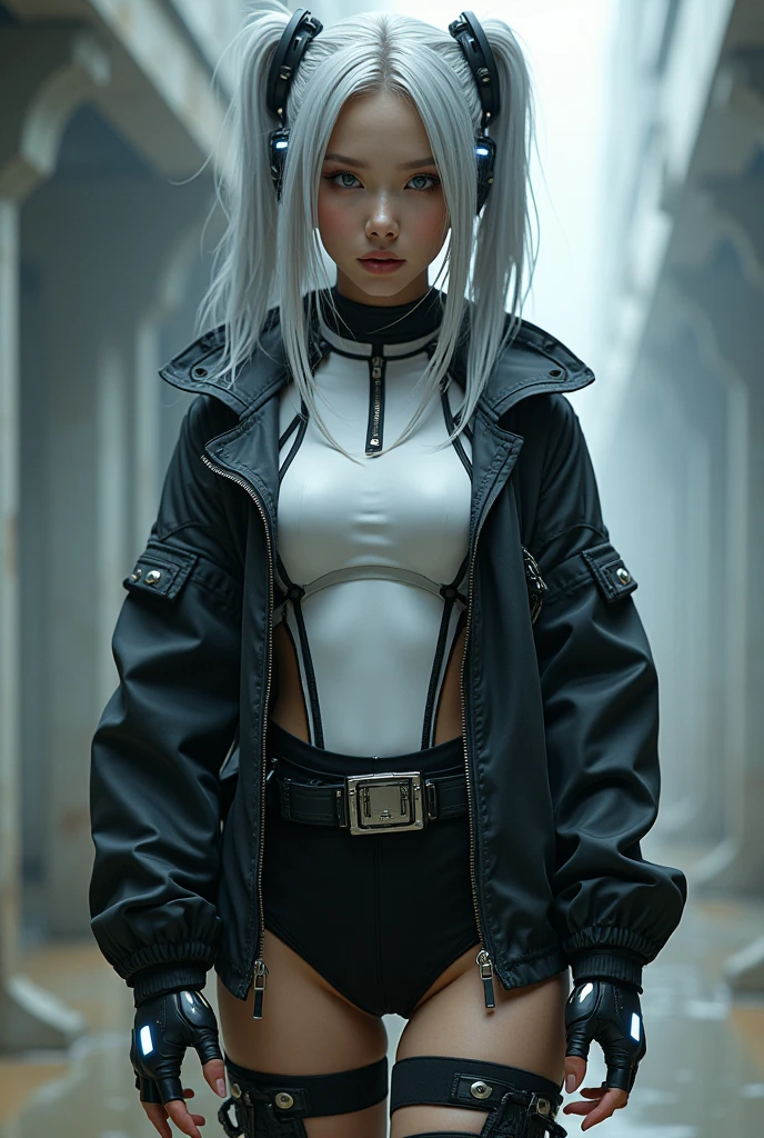 (nsfw:1.2), masterpiece, Best Quality, Realistic, Create an image of a beautiful young Japanese woman embodying futuristic fashion art. 18-years-old, The scene should have the highest quality and realism, She has an ultra-slim waist, medium firm breasts, a medium-sized buttocks, and beautiful sexy legs, showcasing sculptural beauty. Her skin is white and silky, with a thin neck and small head. April is dressed in a striking white and black military print bodysuit paired with a sleek black leather belt with a futuristic metallic buckle and low-rise black skirt with zipper accents. She wears a sheer black mesh bomber jacket adorned with white and black military patches, chunky black combat boots with silver hardware. Her look is fierce and bold, complemented by black fingerless gloves with white LED lights and high-tech accessories. adding an edgy attitude. Her outfit is completed, merging functionality with style. exuding a hint of rebellion, embodying the essence of future street-chic fashion. The wear hugs her body tightly, accentuating her curves and digging sensuously into her skin, hyper small head and face, wide Duck mouth, half open mouth, perfectly aligned teeth, perfect beautiful wide teeth, light blue eyes, half open eyes, shiny Droopy eyes, gray hair, looking other, She is situated within the interior of a futuristic colony, in the deep night, with mist drifting and steam rising from concrete