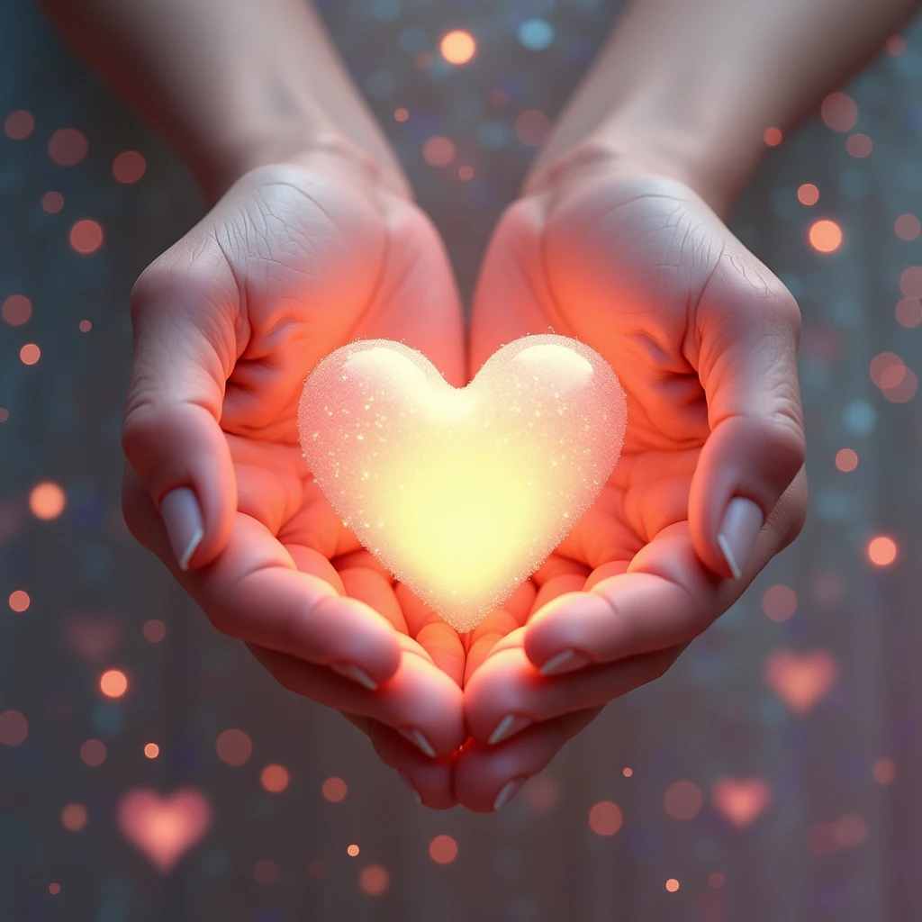 Expressing the love in your hands、Heart in hand、pink、Particles of light、shine、Sparkle、Sparkle Effect, Illustration, 8k octane, Decorative art, Digital Art, Gothic art, Soft Light, Gentle colors,