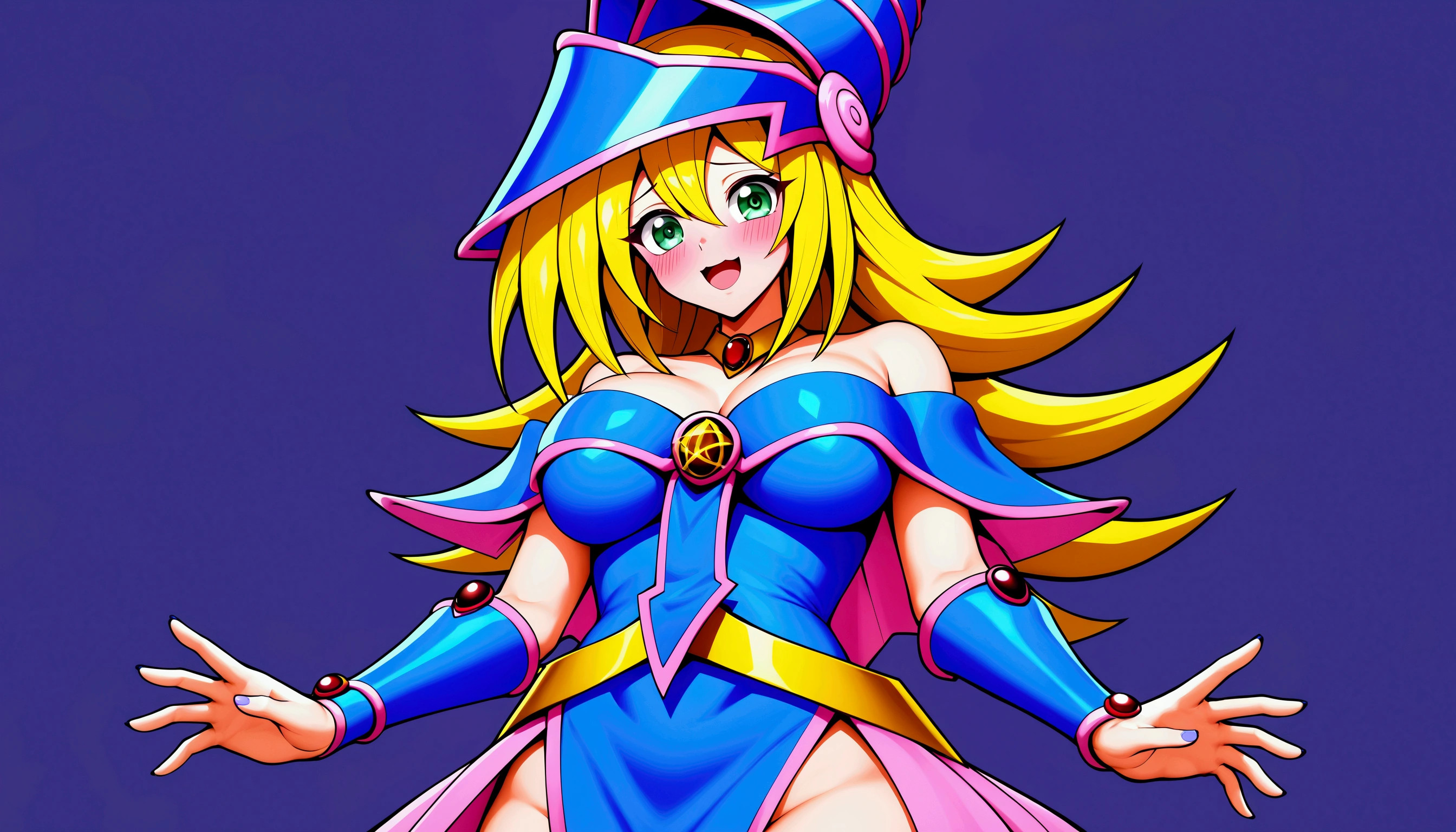 ((Dark magician girl)), ((Yu-Gi-Oh)), Blonde, ((Curvy)), ((Magician)), Excited, Curly long hair, ((Sexy)), Shy, HD, High Resolution, 4K