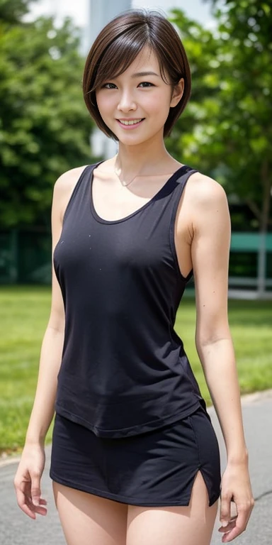 A neat female college student,  people, (spats, Play sports often), Outside the playground, (slim), Realistic, detailed, Skin Texture, ultra detailed, Delicate and sexy collarbone, smile, super detaileded face, detaileded lips, detaileded eyes, small breasts, small, small breasts, small, flat breasts, flat、Sideboob、side、Sweaty、Erect nipples、Crisp pubic area