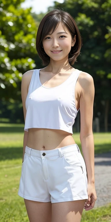 A neat female college student, people, (spats, Play sports often), Outside the playground, (slim), Realistic, detailed, Skin Texture, ultra detailed, Delicate and sexy collarbone, smile, super detaileded face, detaileded lips, detaileded eyes, small breasts, small, small breasts, small, flat breasts, flat、Sideboob、side、Sweaty、Erect nipples、Crisp pubic area