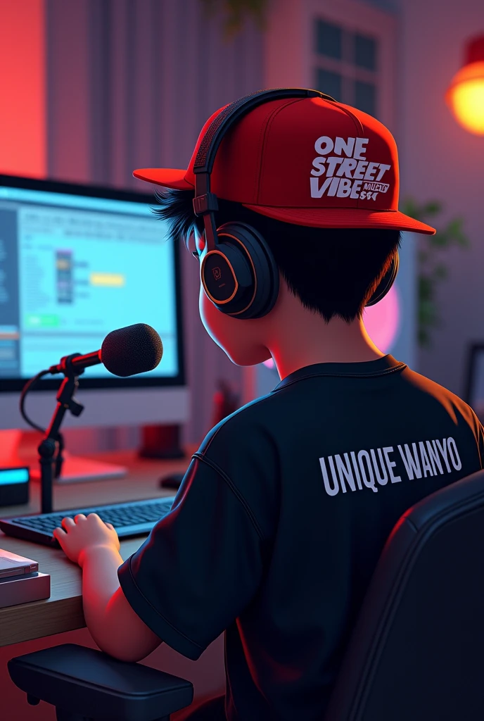 A young teenage boy sitting down sideways facing his computer in his studio wearing a black shirt with a name written on his shirt written Unique Wanyo and a red heat with a headphone and a rod microphone standing in front on him on his hat with a name written One Street Vibez Music 