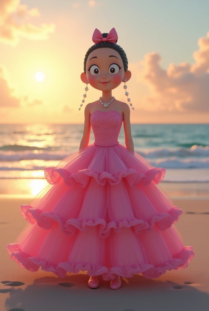 Japanese people nobita wearing a pink barbie dress on the beach at dusk