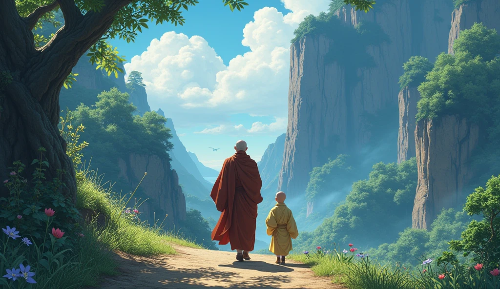 Bald old monk sensei master, young bald desciple, going towards cliff, in anime style,