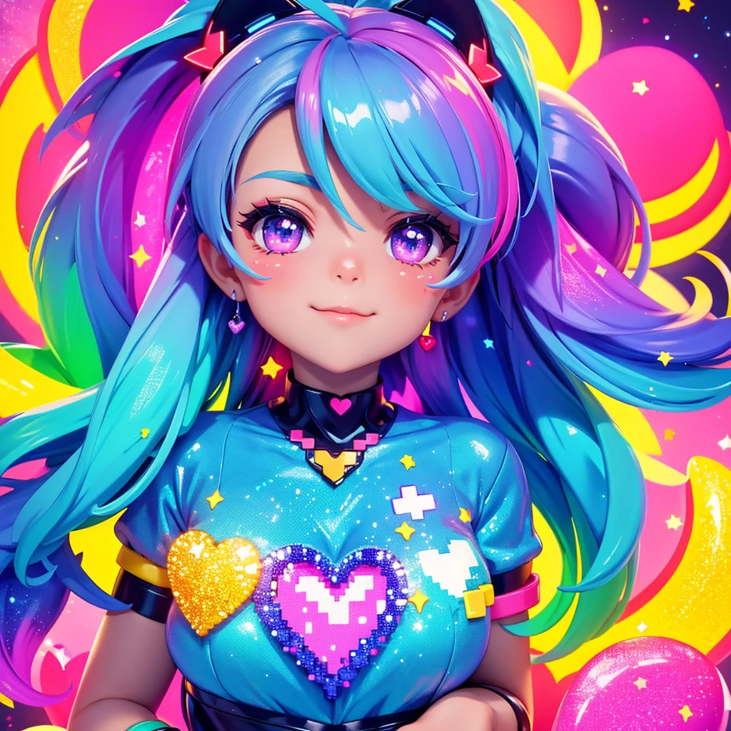 A sticker design showcasing a pixel art heart in a bright, neon color, surrounded by smaller pixel stars. The heart has a glowing effect, and the background is a mix of pastel and neon colors with a subtle glitter overlay.