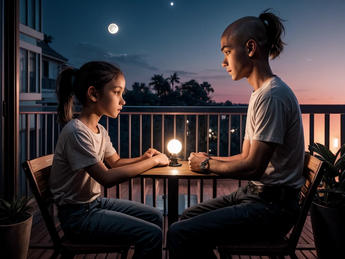 night shot, moon light, 1boy 1 girl, wearing t shirt and jeans, boy with bald head, girl with ponytail, sitting in foldable chairs, in a balcony. dual coloured sky, moon, wes anderson style, far shot, potted plants in balcony, forest silhoutte in background