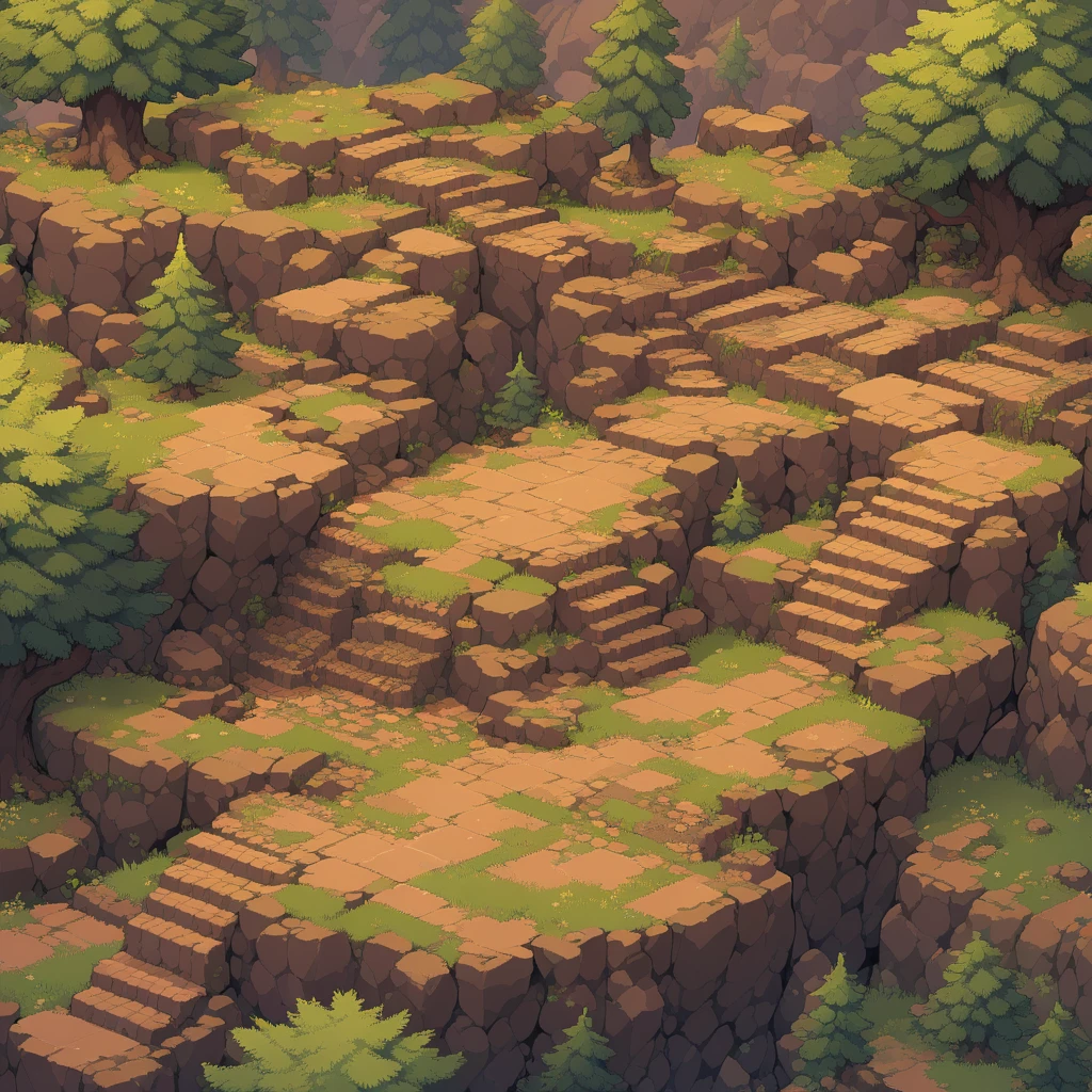 Retro video game style, pixelated, vibrant colors, 8-bit characters, blocky shapes, sharp lines, detailed shading, classic gaming vibe, nostalgic atmosphere, classic arcade games. Masterpiece:1.2, ultra-detailed, illustration style. 2D texture, stone texture, 4K seamless mud texture, video game texture, dirt texture. Game tiles, grass, 3/4th perspective trees, 3/4th perspective tileable rock texture, 3/4th perspective tileable cliff formations, tileable trees, top-down view, tileable texture. Very detailed cliff texture, intricate stones.
Mountain Terrain: Diverse mountain shapes and elevations, including peaks, ridges, and valleys.
Texture Detail: High resolution with intricate details like rocky surfaces, crags, and natural erosion patterns.
Seamless Pattern: Ensure that the edges of the tile seamlessly align with adjacent tiles to create a continuous and coherent mountain range when repeated
