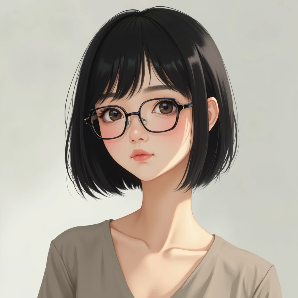 Full body of an Asian woman with straight short black hair, wearing glasses