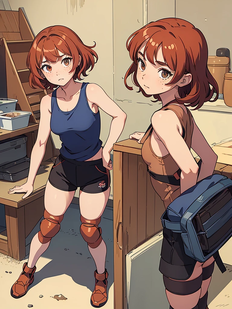 (masterpiece), (best quality), ((one girl)), ((alone)),copper red hair,(brown eyes),short hair, curly hair, side parted hair bangs, anime style, freckles, (small breast), (petite figure), (blue tank top),(black shorts) , ((knee pads)),legs, (desert background))