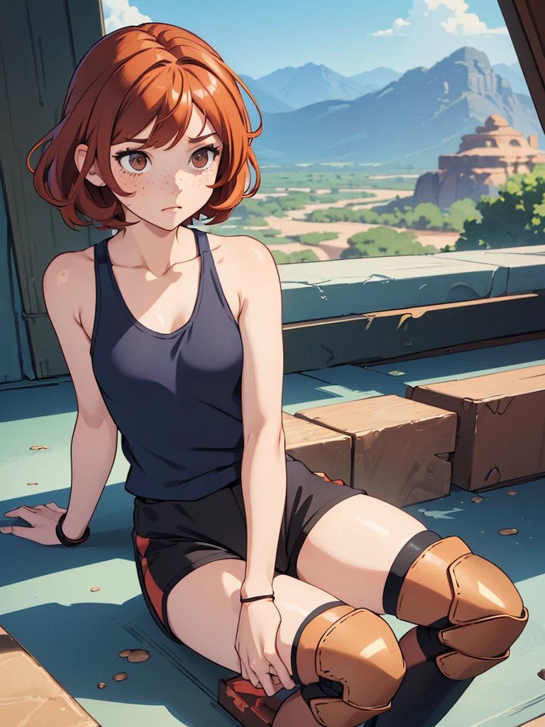 (masterpiece), (best quality), ((one girl)), ((alone)),copper red hair,(brown eyes),short hair, curly hair, side parted hair bangs, anime style, freckles, (small breast), (petite figure), (blue tank top),(black shorts) , ((knee pads)),legs, (desert background))