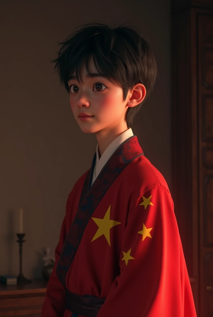 naughty man tranquilo, Youngh, detailed short hair, wearing a hanfu with a Chinese flag, Half body image display, dark bedroom, tom, Pixar-style, 。.3d, animated cartoon, detail, asymmetric 16k, (1024x1024), Asian eyes, china flag in the background, chinese flag in hanfu, china, computer, naughty man, masculine, no lights, murky, masculine