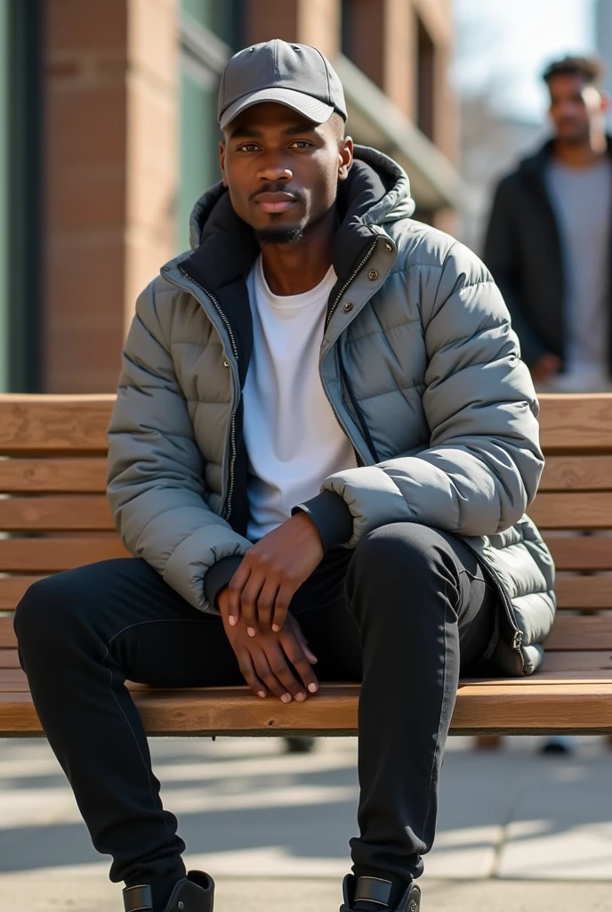 best qualityer:1.4), (ultra high resolution:1.2), (photorrealistic:1.4), (8k, CRU photo:1.2), a thin young man of 20 years old, skin black, with a smooth, beardless face, corte de cabelo buzzcut. He is wearing a white shirt and a gray puffer jacket over it.. He is wearing black jeans. He's wearing black sneakers. He's wearing a gray cap. is sitting on a wooden bench. People's movements in the background. It's sunny. thin build.