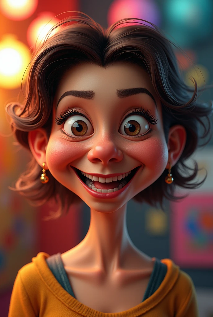 a caricature portrait of a woman, detailed facial features, exaggerated proportions, humorous expression, colorful and vibrant, 3D render, high resolution, photorealistic, masterpiece, dynamic lighting, dramatic shadows, cinematic composition, stylized digital art