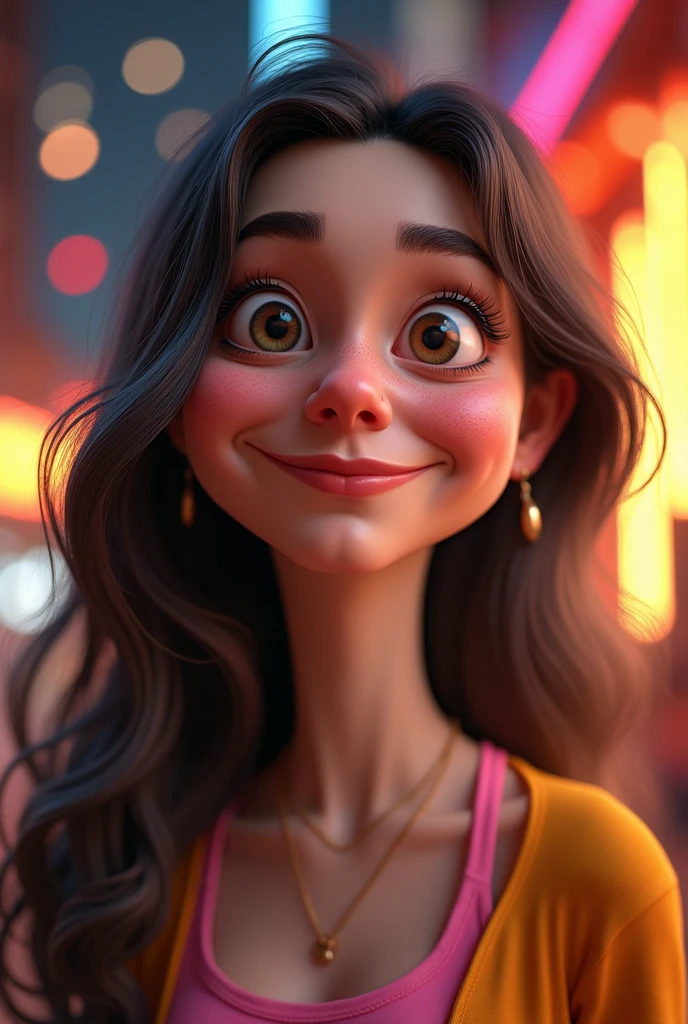 a caricature portrait of a woman, detailed facial features, exaggerated proportions, humorous expression, colorful and vibrant, 3D render, high resolution, photorealistic, masterpiece, dynamic lighting, dramatic shadows, cinematic composition, stylized digital art