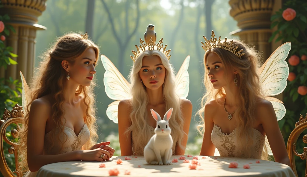 "A full-body shot of a realistic fairytale scene in a magical palace in a beautiful magical forrest, bathed in sunlighting."Beautiful pastel colour pallette." "A fairy queen 1 with realistic striking big blue eyes with eye makeup and a serious, direct gaze at the camera with golden extra long hair." " A Fairy queen 2 with golden-brown long curly hair in a thin light blue dress is standing by clapping her hands, looking at fairy queen1 smiling with her perfect shaped pearly white teeth and pursed lips". "Singing fairy princess with a long white hair in a sheer golden wet transparent dress outfit, big breasts, thin waist, big butt, looks provocative with her mouth almost sedusive at fairy queen 2 laughing." "Fairy queen 3"((doing hand stand with both hands on floor)), wearing a thin blue/green dress" "Her gold delicade fairy-crown, is hanging by the ends of her hair""The lighting is natural and bright, highlighting their features and casting a soft glow around their hair, creating a high-contrast effect that emphasizes the subject's presence. " "A white rapid sits in on a decorative dining table" "while a rainbow colored bird perches on the top of the thin royal thrown". The scene includes a messy fairy queens in a beautiful and magical forrest palace. "The vast environment paints a magical but weird admosphere". # Configuration settings clip_guidance_scale = 20 # High adherence to the detailed prompt, emphasizing facial features hr_scale = 2.0 # High resolution to capture intricate details in the hair and face. hr scale =2.0 # Perfect human female body. Best hands 1:1, super realistic hair 1:1, hyper realistic eyes 1:1, extra detailed delicate moist skin, most detaled and realistic face 1:1. #A realistic stage with thorough details and clear focus on the queens.