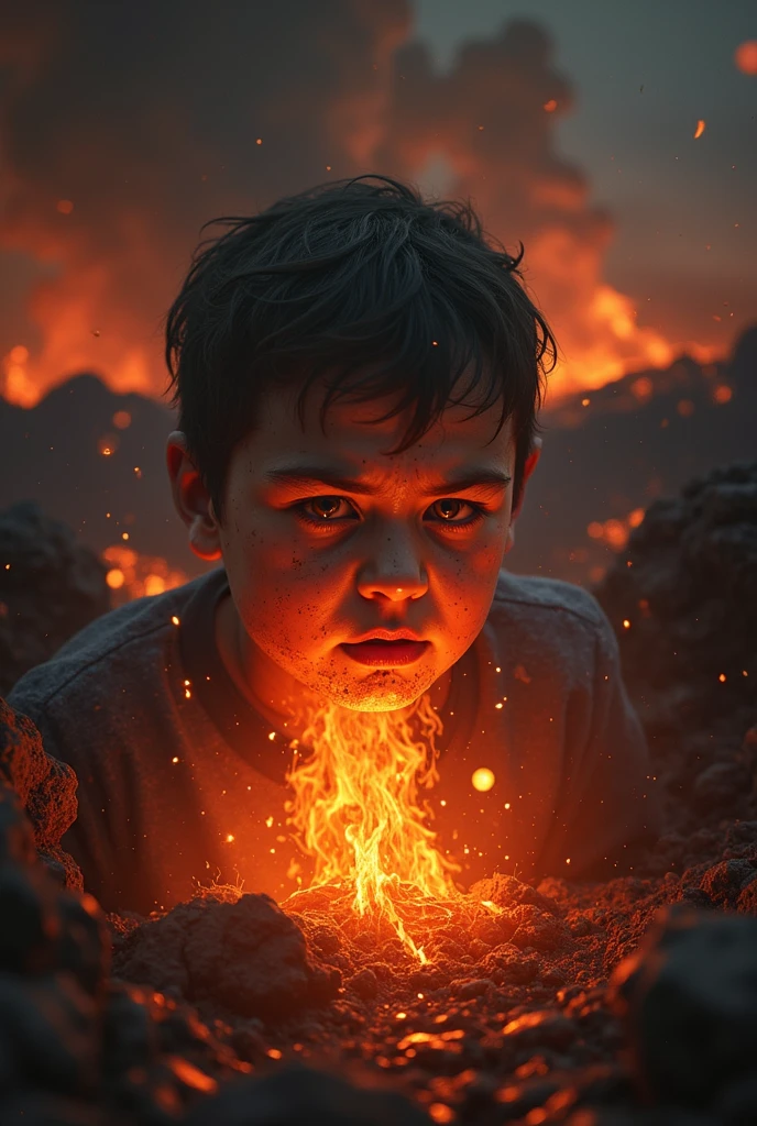 Une image effrayante dans lequel la tête d'un petit enfants est plongé dans le feu du volcan feu de l'enfer et gratter la peau