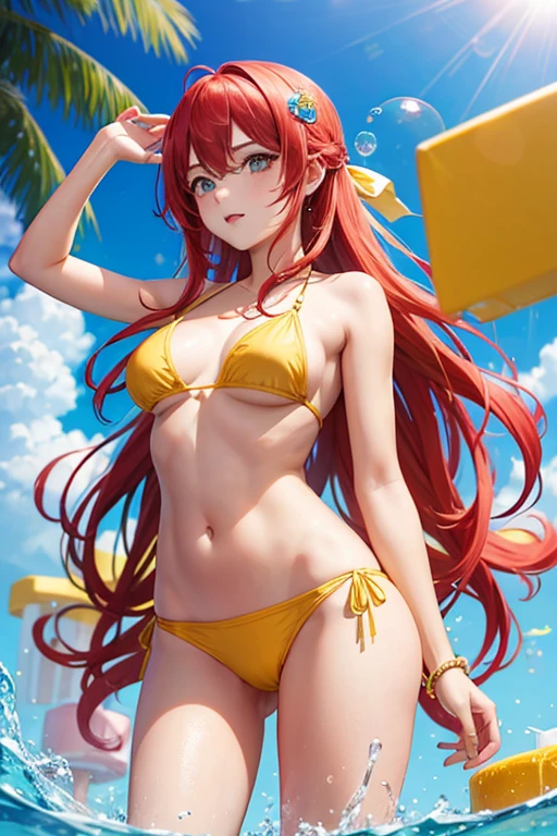 Girl wearing yellow bikini, long red hair,soap bubbles around