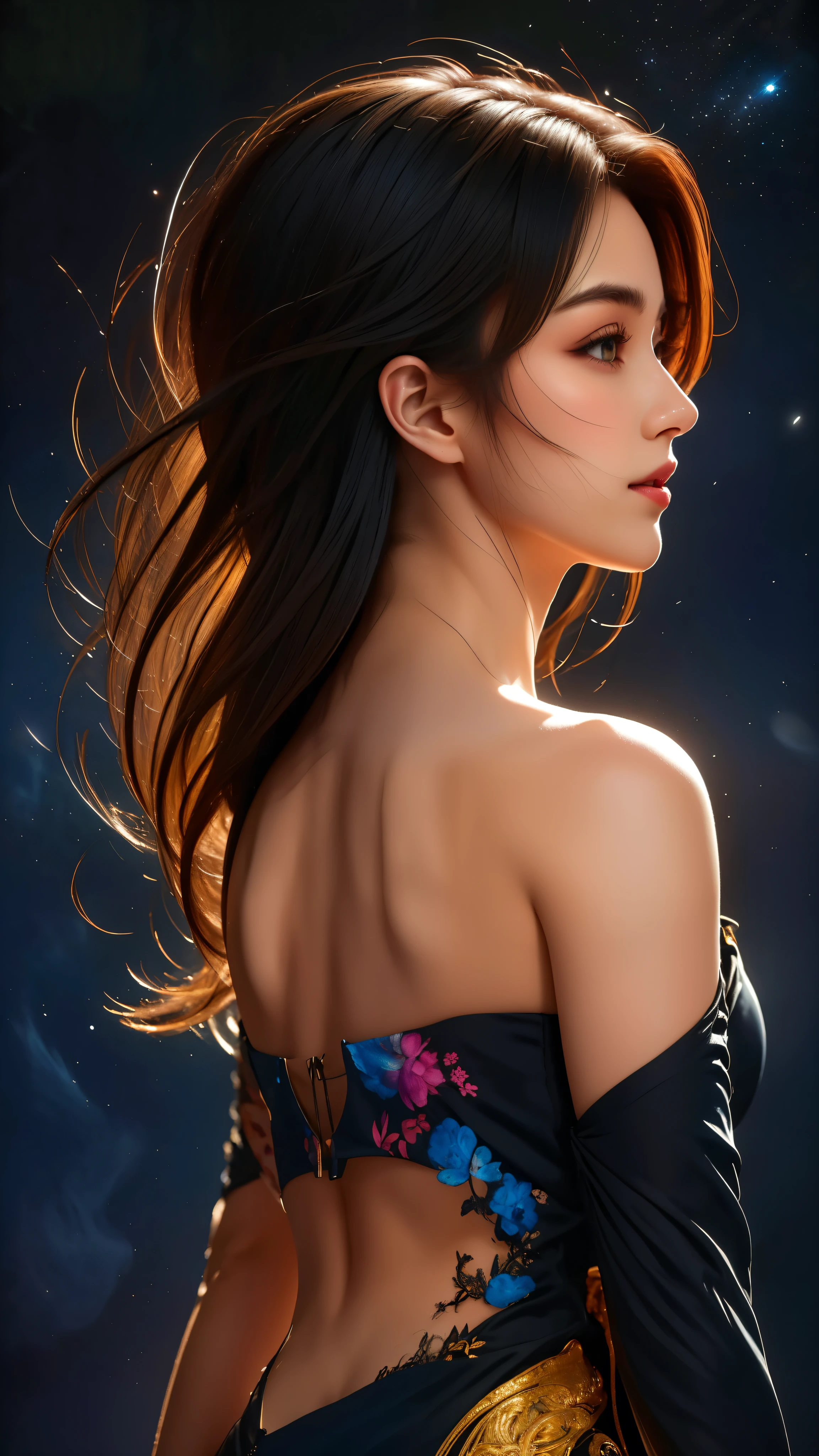 "Step into a world of vibrant colors and stunning details with our AI platform. This masterpiece of a wallpaper features a black background that makes the rich and colorful light truly stand out. The side view of the subject allows you to appreciate every detail, from the particles floating in the air to the mesmerizing heterochromia. Get lost in the beauty of this CG creation."