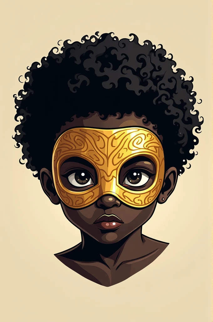Create me a logo of a black-skinned boy with curly hair and a gold-colored hunter mask