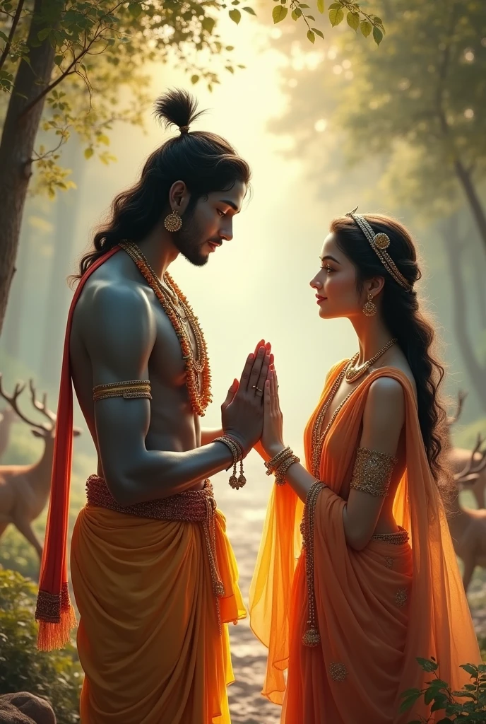 Lord Krishna greeting Radha namaste from far deers behind them