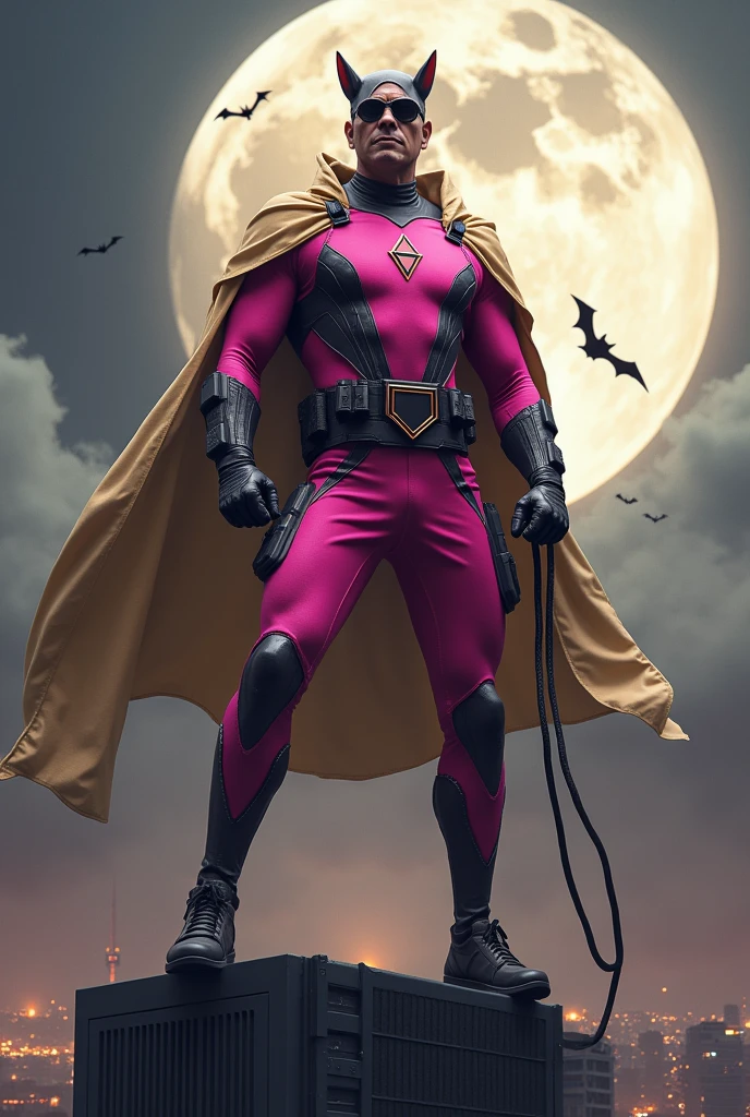 Malaysia man in high-tech suit, vivid effects, malaysian superhero (KELUANG MAN) in a striking pink and beige costume cyberpunk design, mask small mini bat ear beige, daredevil biage mask, jumpsuit dark pink stands confidently in a dramatic.jumping from high place.hero costume. Big triangle logo on the chest. Punisher logo on the chest. Fighting pose , stormy landscape. ((Head covered node guard like batman. Running pose , athletic body type, small mini ear bat mask))The character wears domino mask a helmet with pointed mini torn ears and a flowing cape biege, open nose and mouth. Equipped with visible futuristic weapons on a belt,bullet proof jacket pink dark day.show fingers pose, dark night, big supermoon effect . Small logo on chest triangle shape small punisher logo center triangle cyber logo center on chest pink logo mini logo . rocky. Building top.smoke ground , bomb effect background, losse pants, losses costume.adding to --ar 3:4 --style raw --stylize 500 --v 6.1. chaos. Lot of small flying bat. One leg on the high stone. Man . Real man age 40 year old. One hand holding belt.one hand holding black rope hanging on building