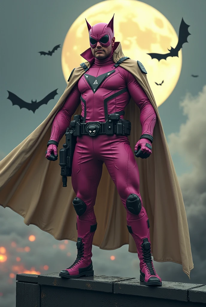 Malaysia man in high-tech suit, vivid effects, malaysian superhero (KELUANG MAN) in a striking pink and beige costume cyberpunk design, mask small mini bat ear beige, daredevil biage mask, jumpsuit dark pink stands confidently in a dramatic.jumping from high place.hero costume. Big triangle logo on the chest. Punisher logo on the chest. Fighting pose , stormy landscape. ((Head covered node guard like batman. Running pose , athletic body type, small mini ear bat mask))The character wears domino mask a helmet with pointed mini torn ears and a flowing cape biege, open nose and mouth. Equipped with visible futuristic weapons on a belt,bullet proof jacket pink dark day.show fingers pose, dark night, big supermoon effect . Small logo on chest triangle shape small punisher logo center triangle cyber logo center on chest pink logo mini logo . rocky. Building top.smoke ground , bomb effect background, losse pants, losses costume.adding to --ar 3:4 --style raw --stylize 500 --v 6.1. chaos. Lot of small flying bat. One leg on the high stone. Man . Real man age 40 year old. One hand holding belt.one hand holding black rope hanging on building