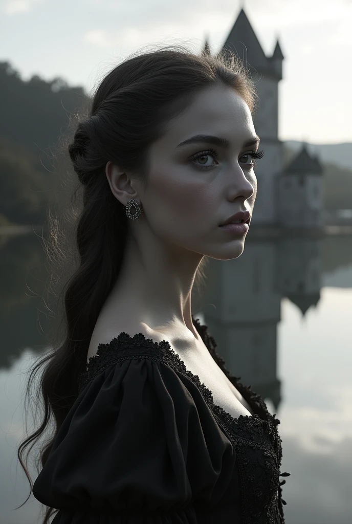 (best qualityer, 4K, 8k, high resolution, Masterpiece artwork: 1,2), ultradetailed, (realisitic, fotorrealisitic, fotorrealisitic: 1,37), medieval brazilian girl, young woman, beautiful detailed eyes, beautiful detailed lips, extremely detailed eye and face, long eyelashes, medieval gown, standing near a lake, castle in the background, reflection in the lake, monochrome, elegant pose, serene expression, dramatic lighting, temperamental atmosphere