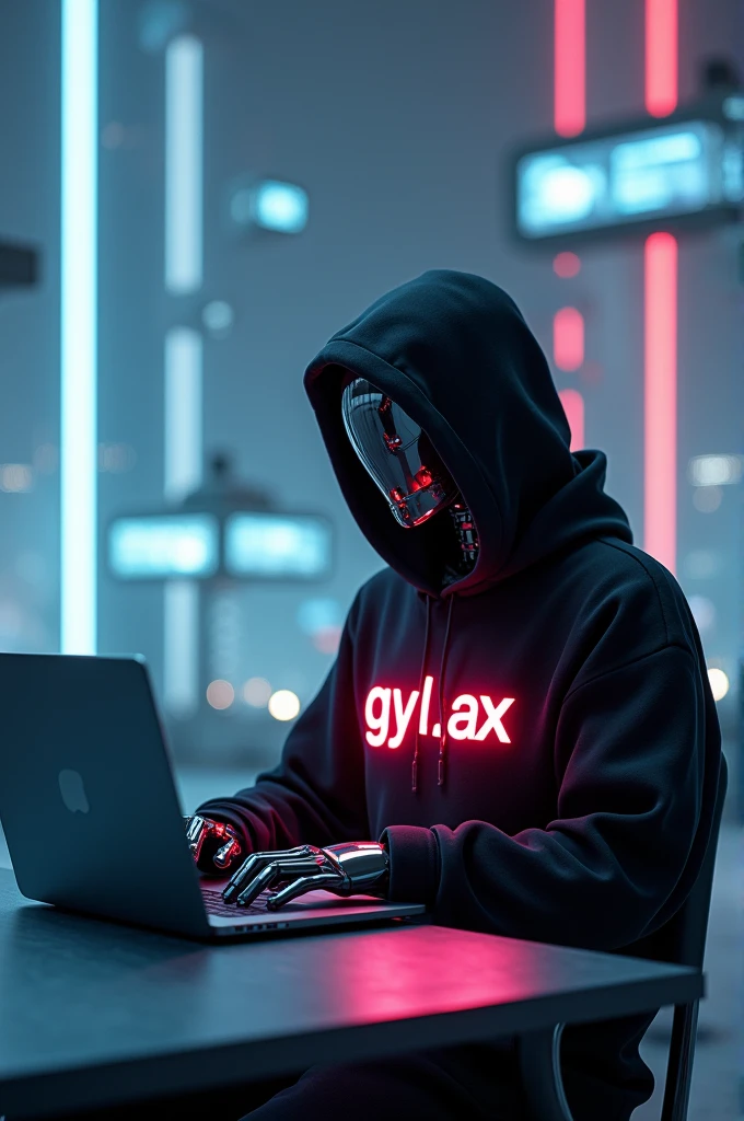 GIVE A FUTURISTIC BACKGROUND ON WHICH A ROBOT HUMANOID SITTING DOING CODING ON A
Open LAPTOP , wearing a BLACK HOODIE WHICH HAVE A TEXT APPEAR IN NEON COLOR TEXT IS
"G Y L A X " IN CLEAR WORDS VISIBLE TO US
IT SHOULD BE G Y L A X