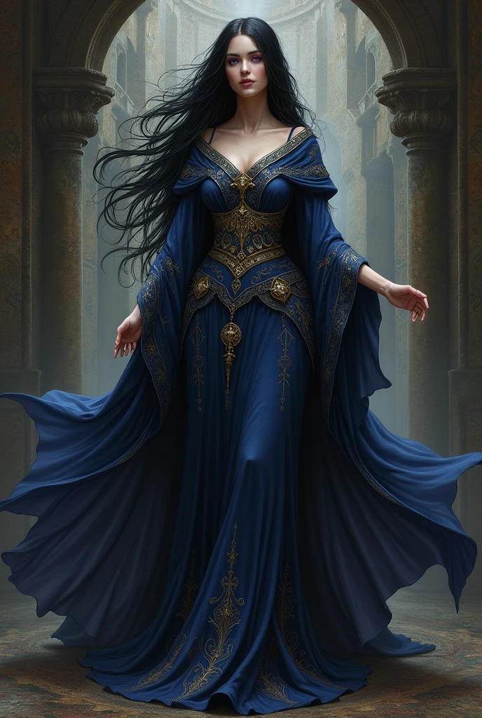 A full-body portrait of Lady Morgana Devereux, one of Lady Seraphina d’Aurelis' most trusted ladies-in-waiting. Morgana is depicted in flowing robes adorned with mystical patterns, reflecting her deep connection to the occult and dark magic. Her long, raven-black hair cascades down her back, contrasting with her pale, almost ethereal skin. Her deep violet eyes are intense and mysterious, adding to her enigmatic presence. Morgana stands with a quiet, contemplative pose, her hands slightly raised as if sensing the unseen forces around her. The background is shadowy and arcane, possibly filled with ancient symbols or magical artifacts, emphasizing her role as the sorceress and mystical advisor. The art style is realistic, capturing the intricate details of her robes and her otherworldly aura.