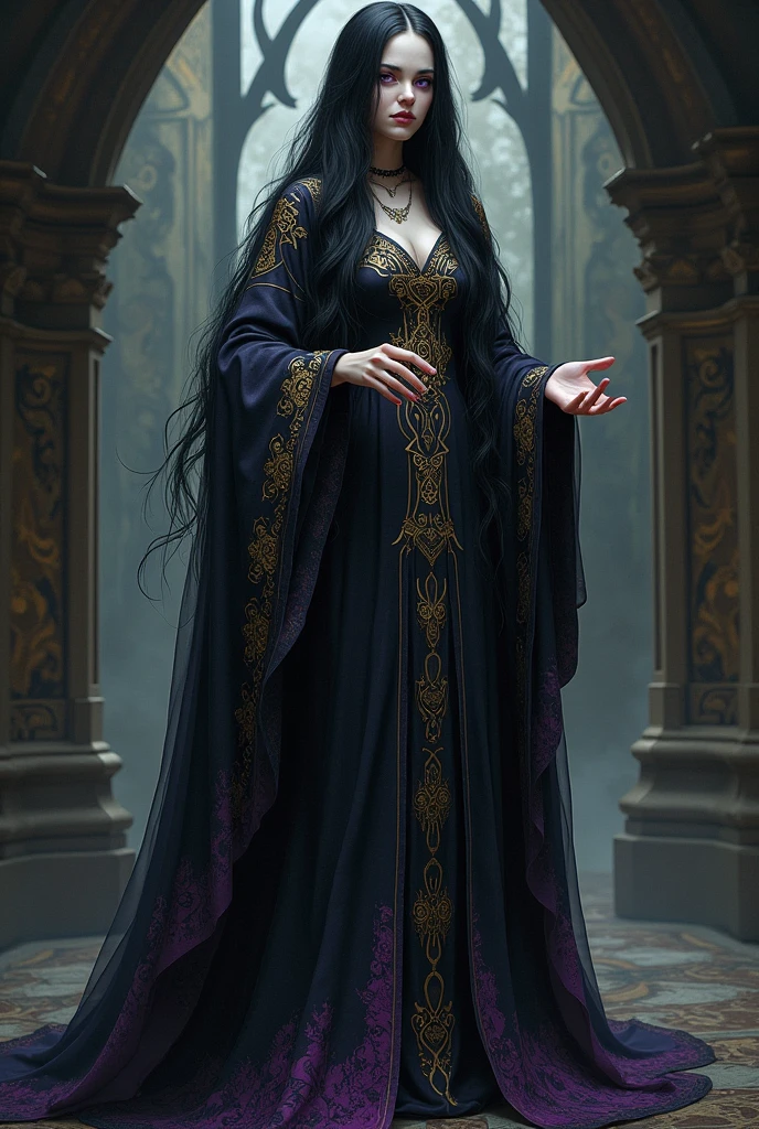 A full-body portrait of Lady Morgana Devereux, one of Lady Seraphina d’Aurelis' most trusted ladies-in-waiting. Morgana is depicted in flowing robes adorned with mystical patterns, reflecting her deep connection to the occult and dark magic. Her long, raven-black hair cascades down her back, contrasting with her pale, almost ethereal skin. Her deep violet eyes are intense and mysterious, adding to her enigmatic presence. Morgana stands with a quiet, contemplative pose, her hands slightly raised as if sensing the unseen forces around her. The background is shadowy and arcane, possibly filled with ancient symbols or magical artifacts, emphasizing her role as the sorceress and mystical advisor. The art style is realistic, capturing the intricate details of her robes and her otherworldly aura.