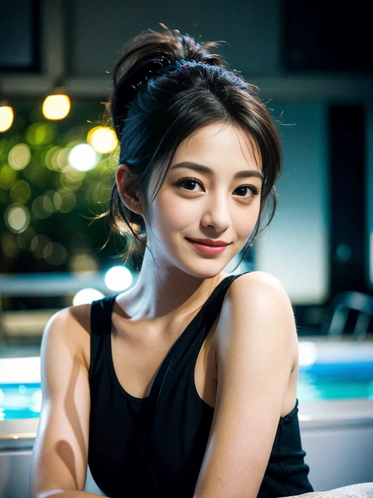 a Close-up portrait of gorgeous smiling cute Japanese woman in a glamorous Fishnet dress outfit, delicate facial features, porcelain-skinned, ponytail, a fusion of young Marion Cotillard's striking eyes and young Anne Hathaway's introspective gaze, long and slender cute face, curved eyebrows, droopy hooded eyes, lower nasal bridge, slim wavy nose, smiling, thin lips, short pixie cut hair, silhouette, bokeh, outstretched right hand to pointing at the viewer, skylight atrium pool background,  depth of field, photo, film,