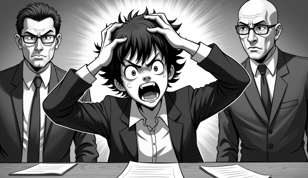 Create a black and white manga style image with colored highlight point on the image, In this image I need to portray a dramatic scene of someone who can no longer stand working in underemployment, yelling, with hands on head pulling hair, clients and the boss putting psychological pressure on.