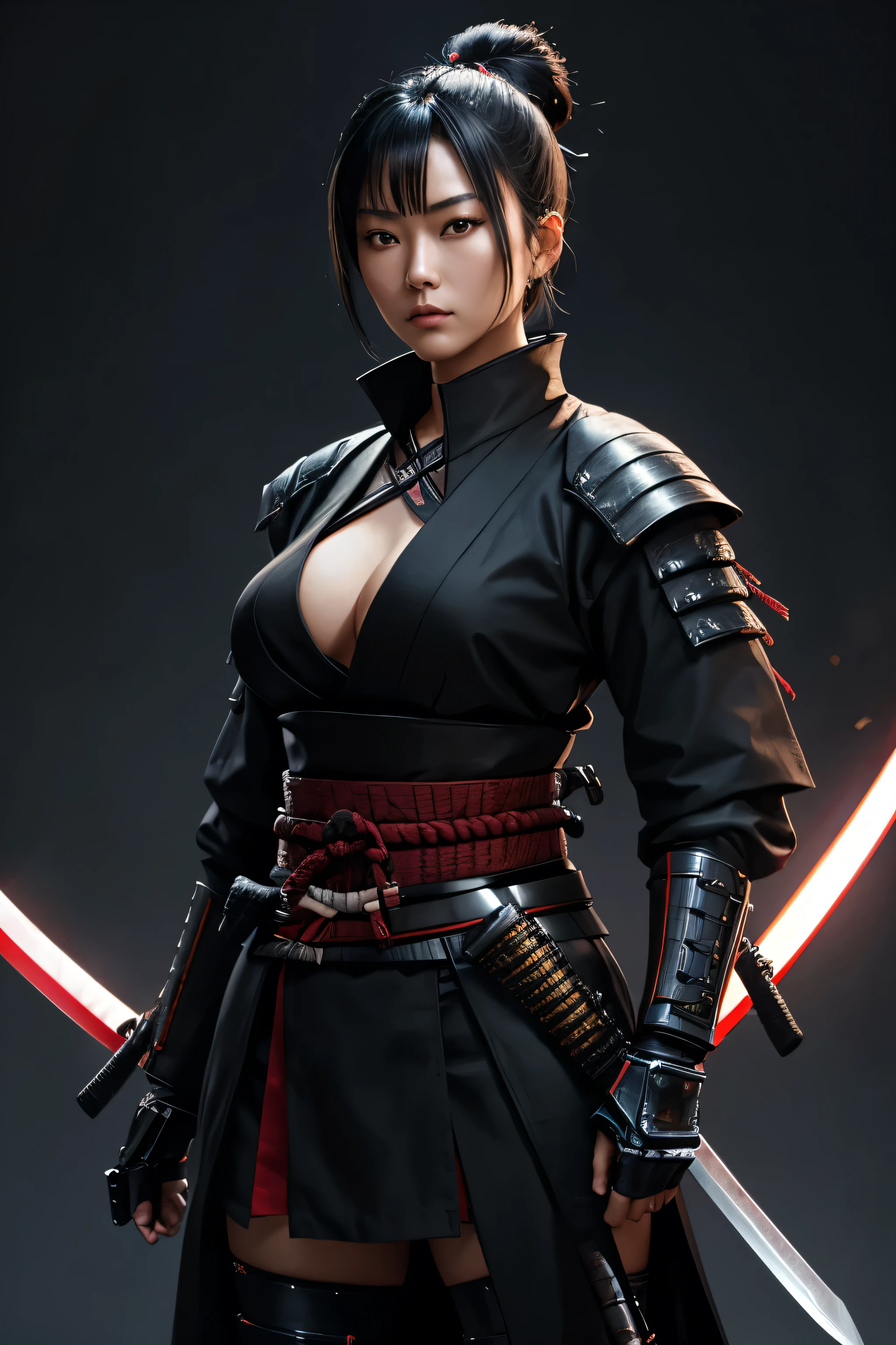 Woman, Black Hair, Short Hair, Hair Bun, Large Breasts, Female Samurai, Futuristic Samurai, (Cyber Samurai), Black Samurai Outfit, (Holding Katana)