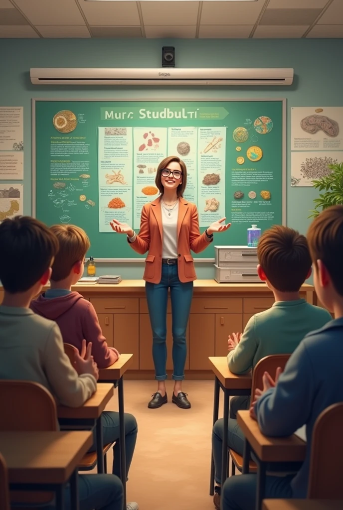 Student talks about raw material and others attend in a classroom in a respectful manner 