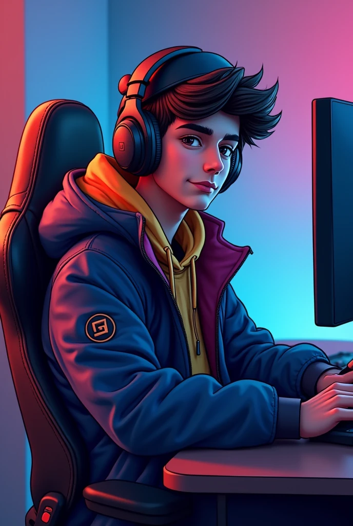 A youtube gaming channel logo with this name ARUNAKANTI GAMING, a young boy age 20 sitting on a gaming chair in front of a gaming desktop with hat and heatphone in head, looking cool and smart half body multicolored jacket 