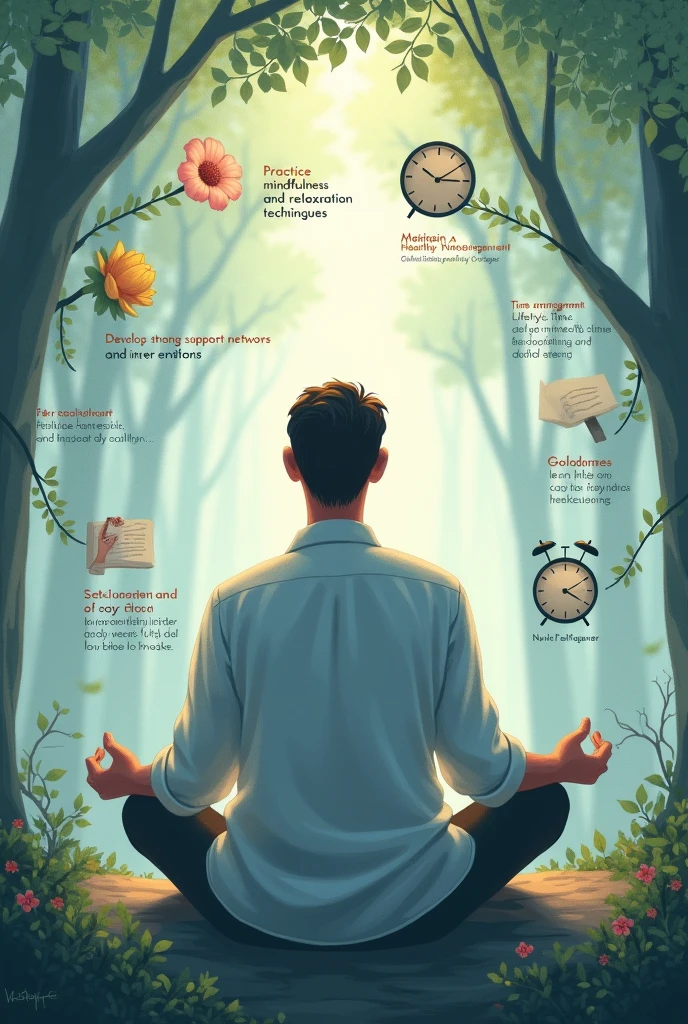 Create an image that visually represents the concept of building patience. The scene could depict a professor (Man) calmly sitting in a serene environment, like a quiet park or a peaceful room, practicing deep breathing or meditation. Surround them with symbols of time and growth, such as a slowly blooming flower, a ticking clock, or a tree with roots growing deep into the earth. The colors should be soothing, like soft blues and greens, to evoke a sense of calmness and tranquility. The overall atmosphere should reflect serenity, mindfulness, and inner peace.written the points in (english -uk) around the person which shows he practice these.
1. Practice mindfulness and relaxation techniques.
2. Maintain a healthy lifestyle.
3. Time management.
4. Develop strong support networks.
5. Set boundaries and learn to say no.