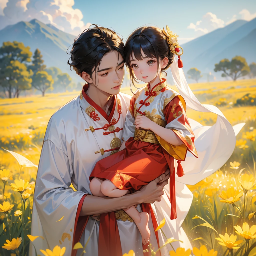 A one-year-old baby boy in an ancient Chinese baby costume with his beautiful mother, dressed in an white ancient Chinese costume, Standing in the midst of a field of bright yellow gold fields, There are some floating clouds, playing with each other, with his handsome father standing next to his mother, close up.
