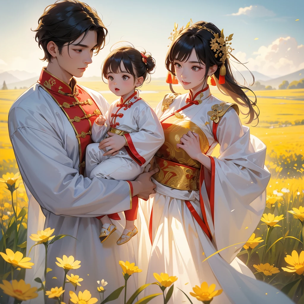 A one-year-old baby boy in an ancient Chinese baby costume with his beautiful mother, dressed in an white ancient Chinese costume, Standing in the midst of a field of bright yellow gold fields, There are some floating clouds, playing with each other, with his handsome father standing next to his mother, close up.
