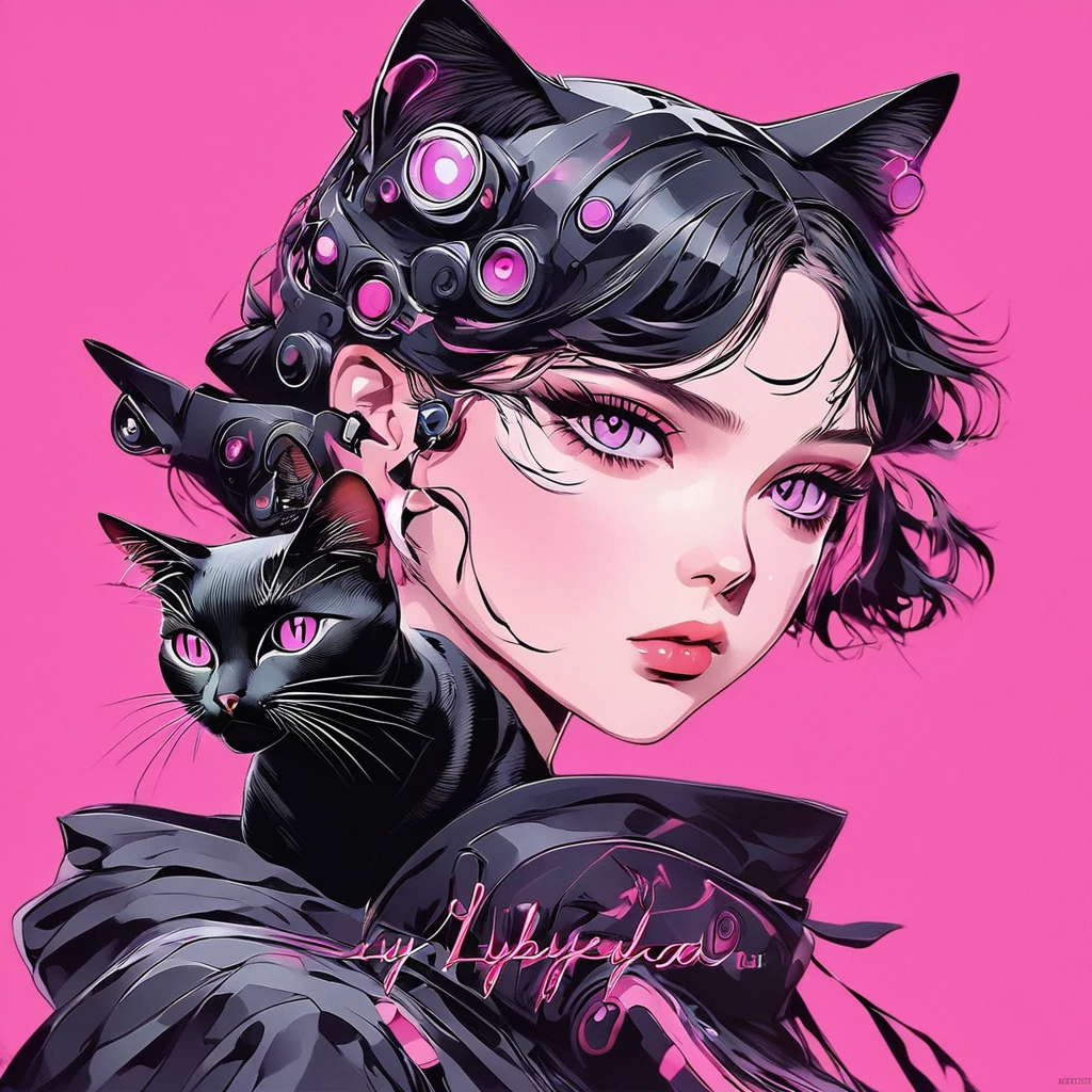 An anime with a black cat on a pink background, Goth Cat Girl Portrait, Catwoman, Anime-style illustrations, アニメスタイル 4K, Anime style portrait, Ilya Kubyshin's stye. 4K, Catwoman, Artem and Ilya Kubyshin, Emo girl and her , Beautiful anime cat girl, Anime Style, Anime Style. 8k