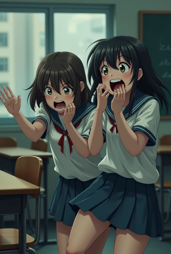 Two girls screaming in the classroom