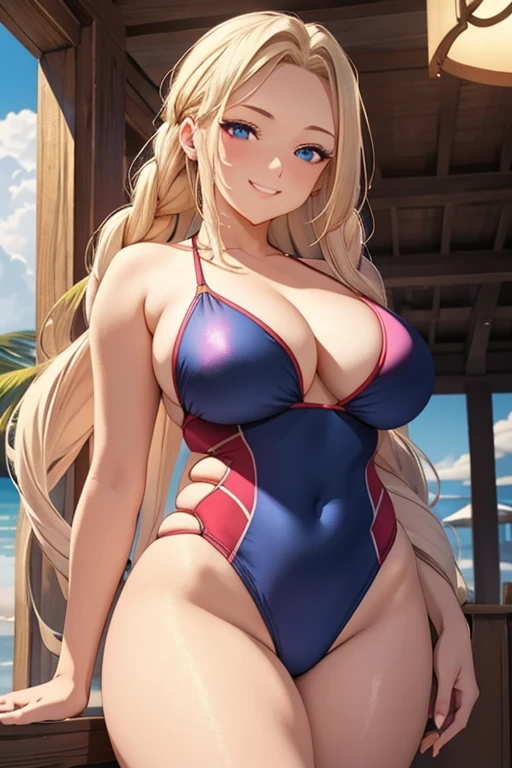 A beautiful blonde woman with three braids and deep red eyes, gazing condescendingly at the viewer with a cute grinning expression, extremely detailed, masterpiece quality, ultra-detailed, HDR, studio lighting, vivid colors, physically-based rendering, thick thighs, wearing swim suit, on the beach