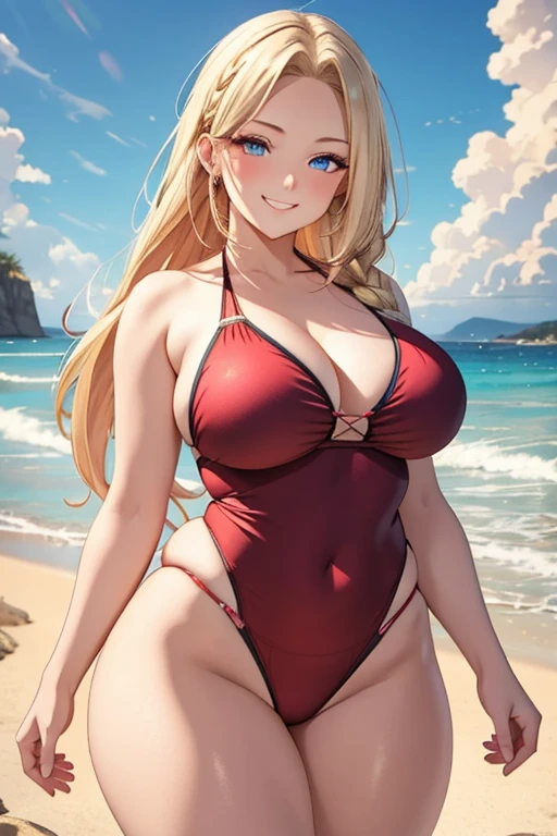 A beautiful blonde woman with three braids and deep red eyes, gazing condescendingly at the viewer with a cute grinning expression, extremely detailed, masterpiece quality, ultra-detailed, HDR, studio lighting, vivid colors, physically-based rendering, thick thighs, wearing swim suit, on the beach
