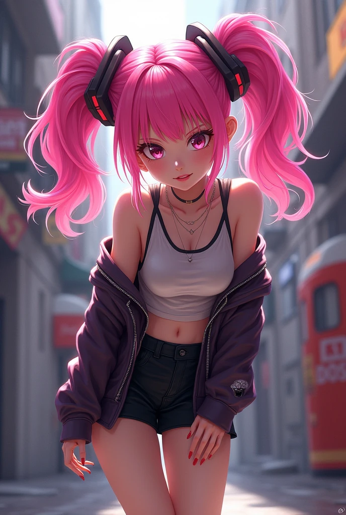 woman Pink Hair Twin tails、bangs、Landmine Girl、Black mini skirt、Con、smile
