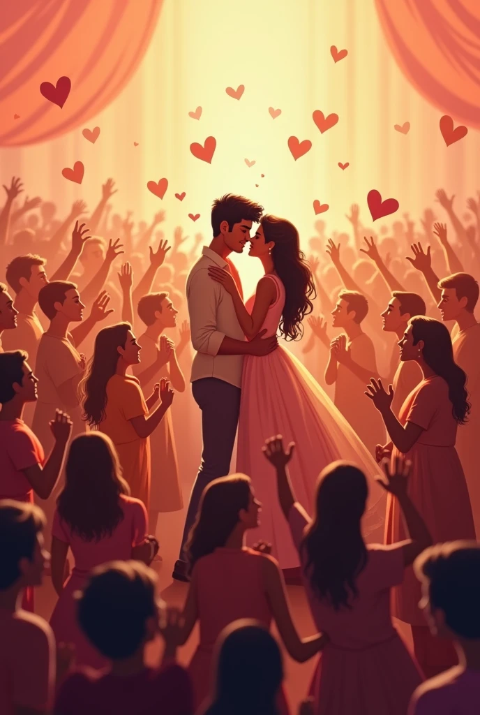 "Create an image featuring a romantic and loving background with a large number of followers surrounding two central figures. The figures should be Muskan and Abhishek, highlighted prominently in the center. The background should be warm and inviting, possibly with soft colors and gentle patterns that enhance the loving theme. The followers should be depicted as supportive and cheering, with hearts or similar symbols to emphasize the affection and admiration."
