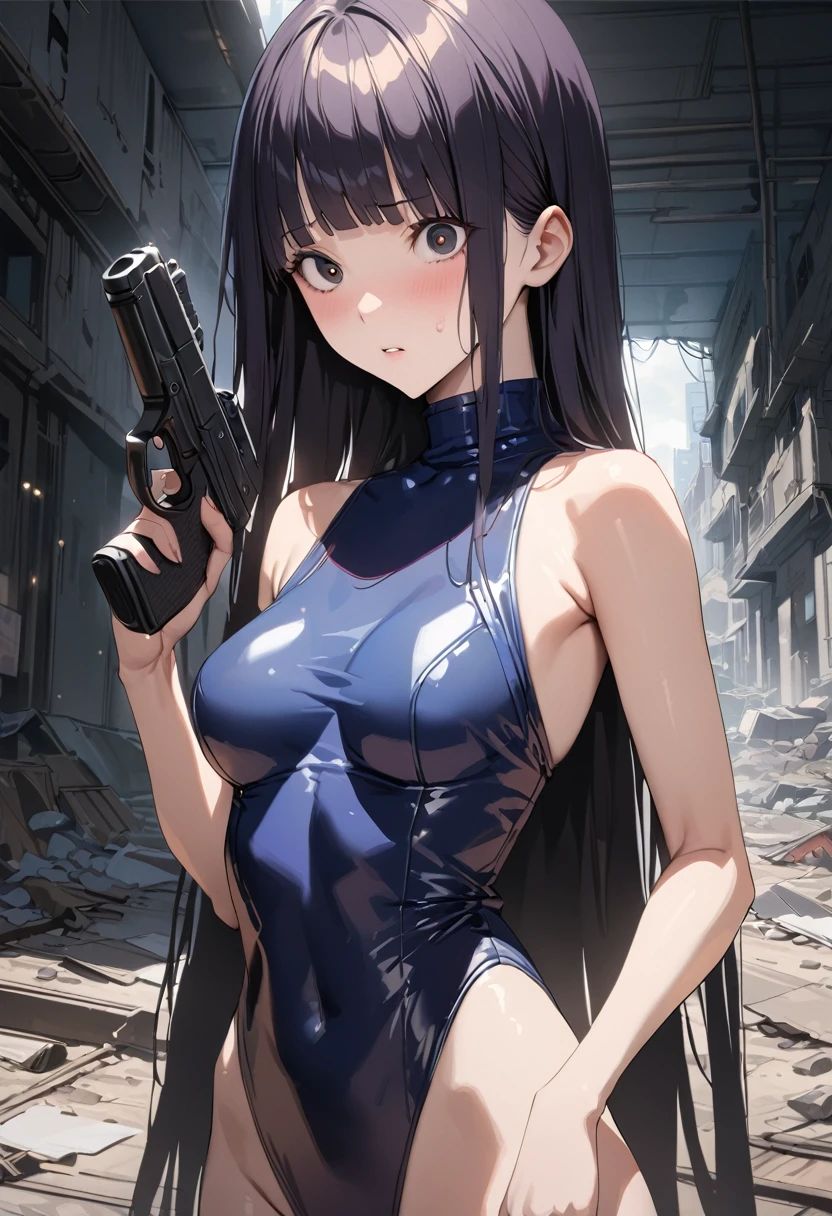 Action Scenes、((masterpiece,best quality anime,Highest quality:1.3)),realistic,cowboy shot,1woman,独奏,(30 year old beauty),((very small head:1.4)),((very long body:1.4)),(dark blue hair),straight long hair,(gorgeous big eyes),black eyes,Serious expression,((slender body:1.4,skinny)),medium breasts,dark blue turtleneck sleeveless,leotard,black headphone,oily skin:1.2,gleaming skin,shiny skin, (holding handgun、Shooting stance)、standing,on road,Ruined city、Collapsed Buildings、Cyberpunk World、