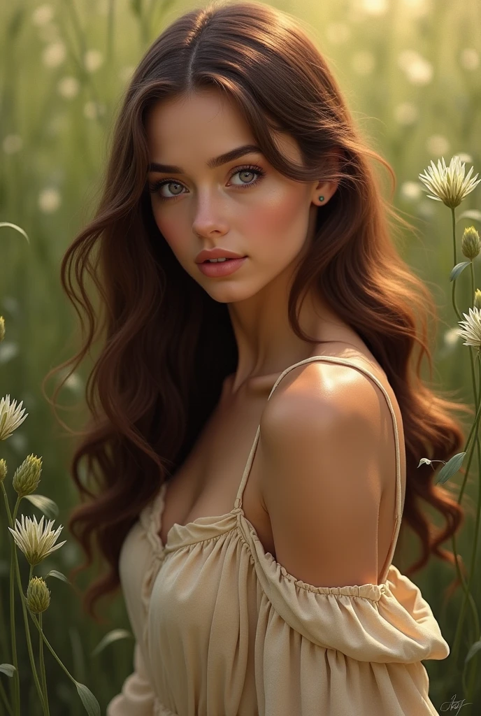 A , long brown hair, violet eyes, brown skin, beige dress 